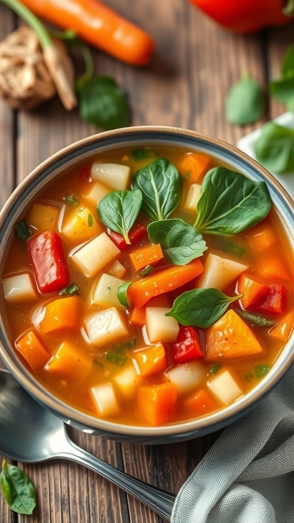 A bowl of colorful vegetable soup with carrots, celery, bell peppers, and spinach on a wooden table.